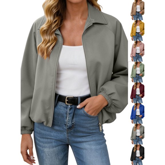 Chiccall Jackets for Women Fall Winter Fashion Long Sleeve Coats Casual Lapel Full Zip Up Bomber Jacket with Pockets Gray 2XL