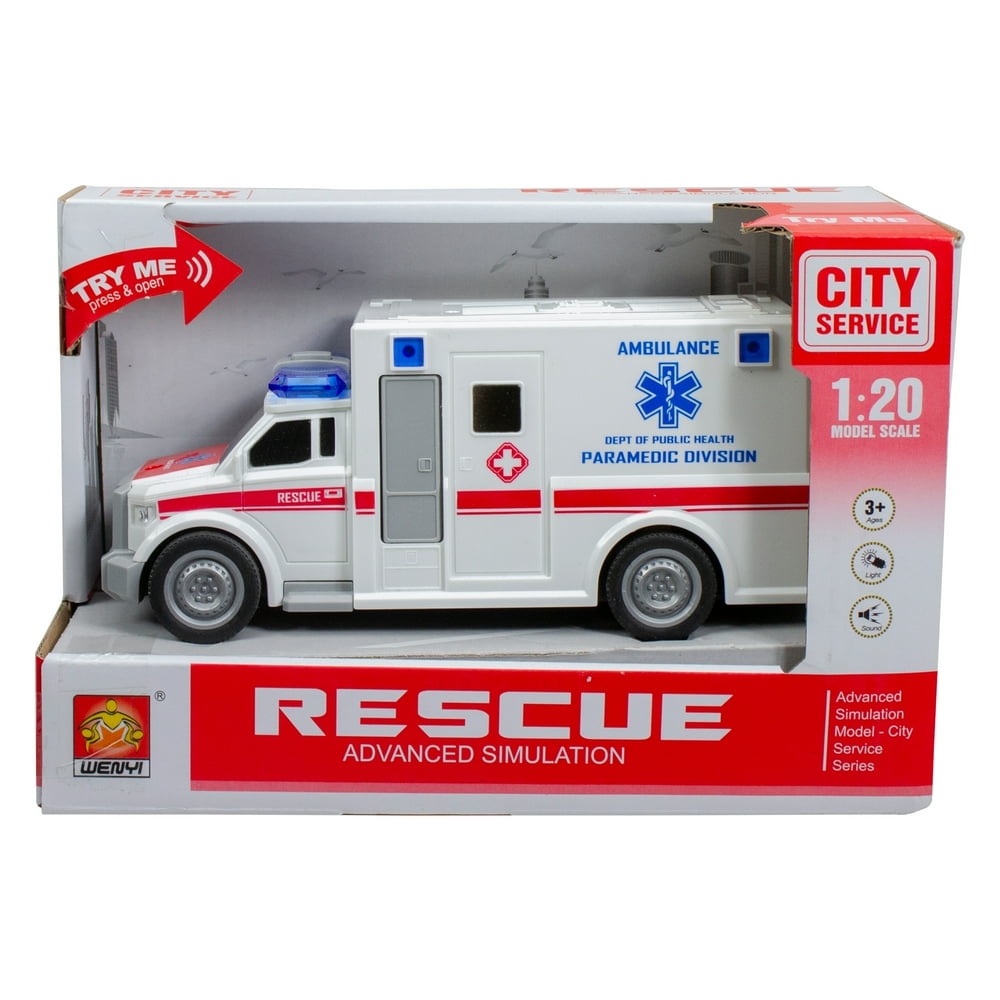 7.5" White and Red Friction Powered Play Truck Rescue Ambulance with