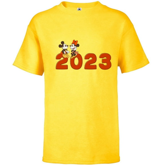Disney Mickey & Minnie Chat 2023 100th Anniversary New Year - Short Sleeve T-Shirt for Kids - Customized-Yellow