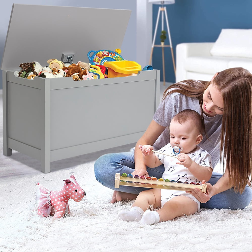 SESSLIFE White Bench Top Toy Box, Toy Storage Box Organizer, Entryway Bench with Lift Top, Toy Storage Chest with 2 Safety Hinges