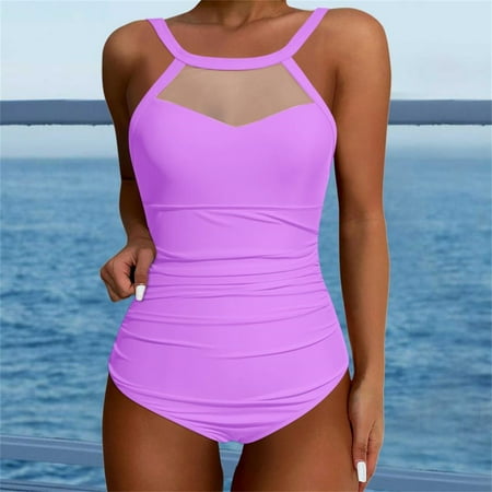 Ovticza One Piece Swimsuit Women Tummy Control Vintage Swimsuits Mesh U Back Modest Swimwear Light Purple XL