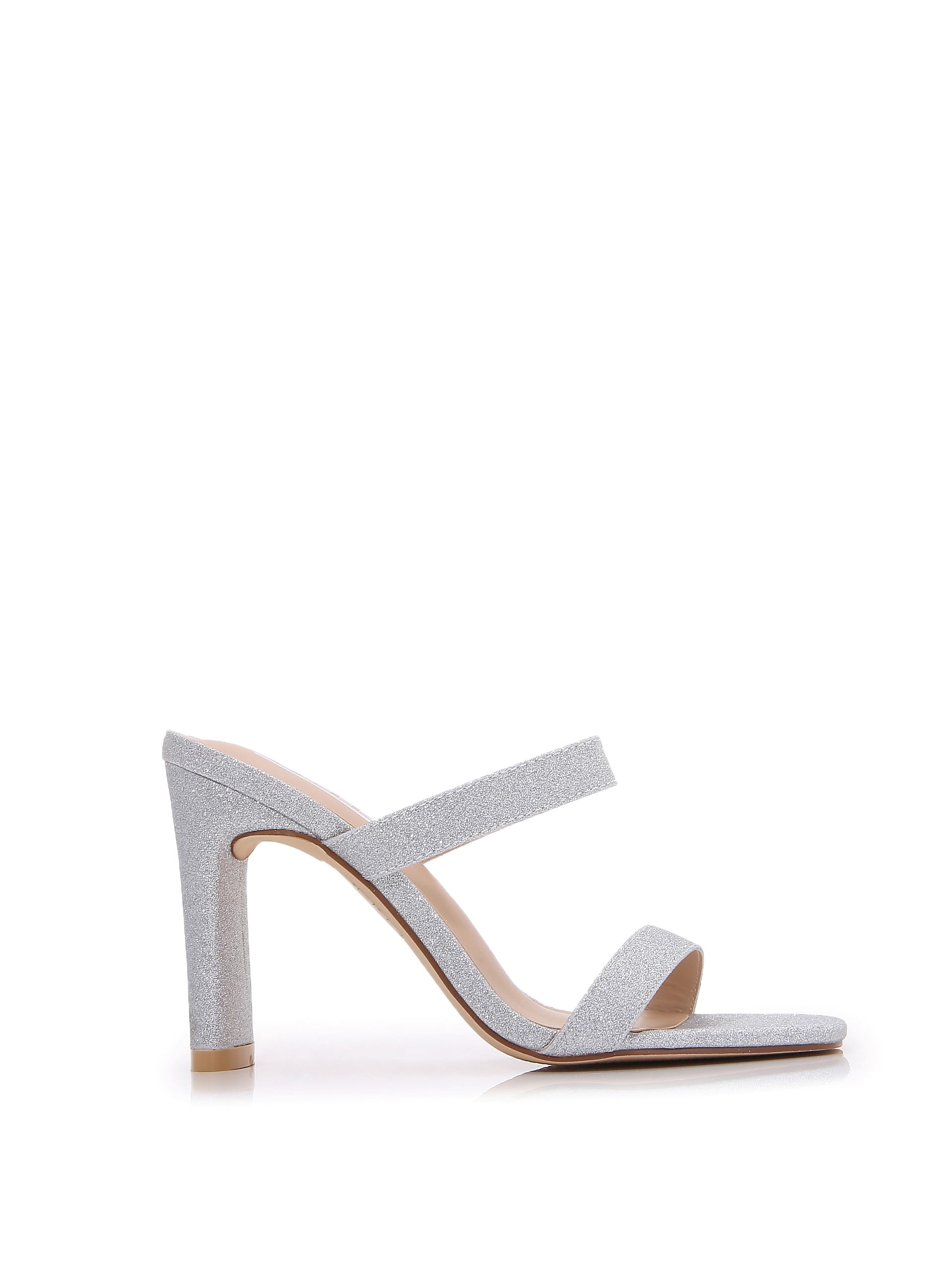 Women Double Strap High Chunky Heeled Slip On Slide Sandals (Double Glitter Silver, 10)