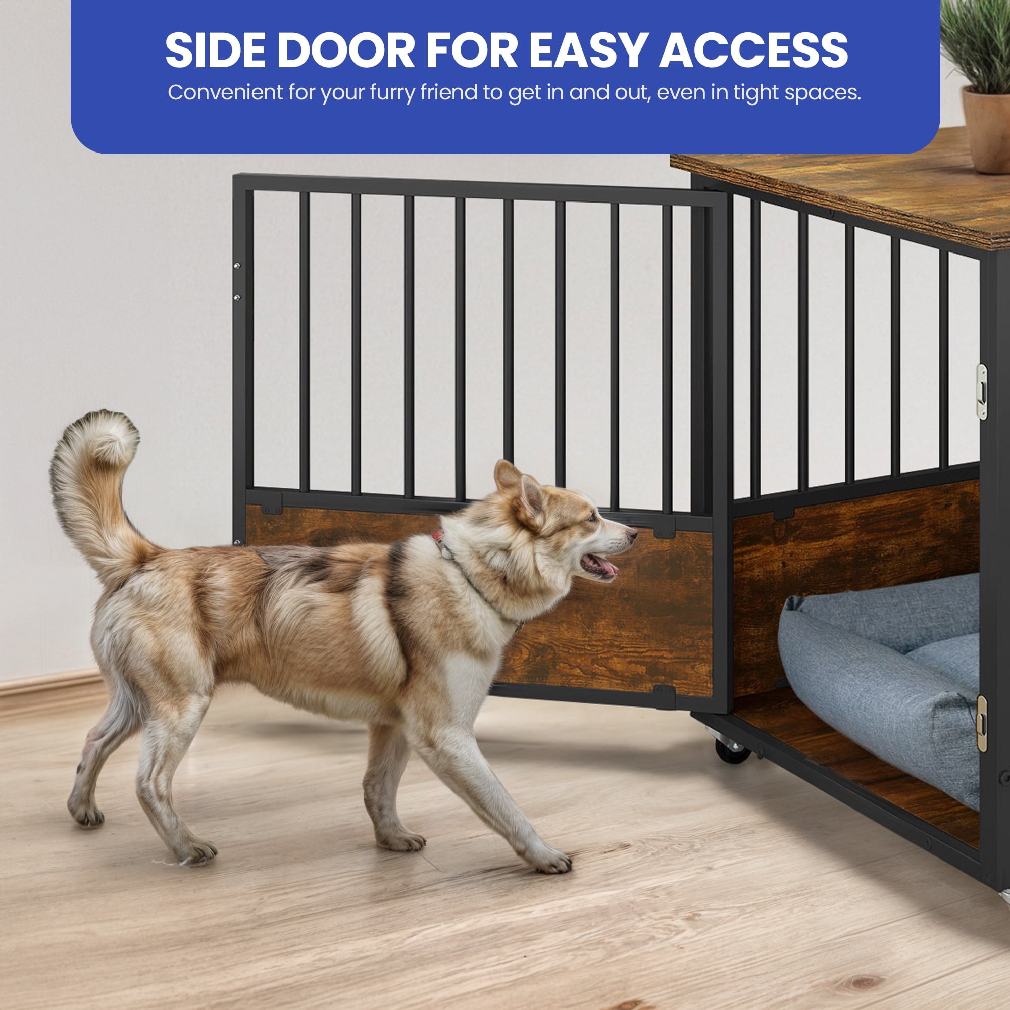 ModFusion 43" Metal Dog Crate Furniture Double Door Wheels Indoor Outdoor Kennel
