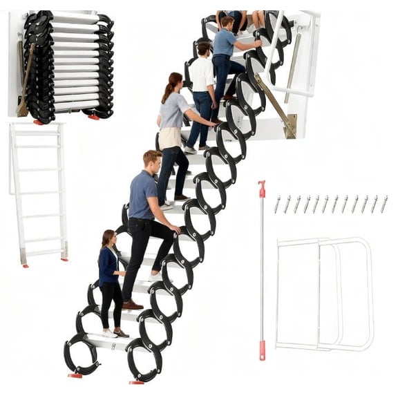 12-Steps Attic Ladder Pull Down System, 1300 LBS Wall Mounted Attic Ladder, 12 FT Al-Mg Alloy Attic Stairs, 27.6x24 Telescopic Attic Stairs, Collapsible Scissor Attic Stairs for Loft Garage, Basement
