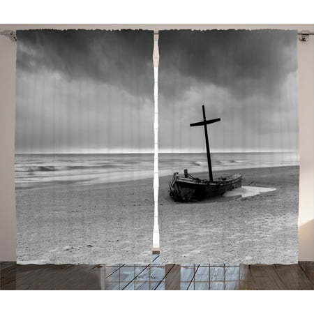 Strand Curtains Ocean Decor Curtains 2 Panels Set, Wreck Small Stranded Boat on Seaside Snow Clouds Windy Day Wave Picture, Window Drapes for Living Room Bedroom, 108W X 84L Inches, Black and White, by Ambesonne ()