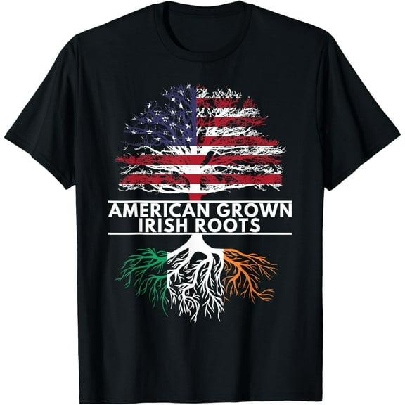 American Grown Irish Roots Flag Ireland ST. PATRICK'S DAY T-ShirtMen's and women's gift, black and white T-shirt, size: Extra large S-4XL