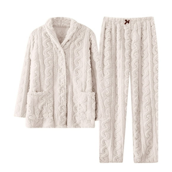 Timegard Women 2 Piece Fleece Pajamas Sets Collared Button down Long Sleeve Tops with Pockets Fuzzy Wide Leg Pants Lounge Outfit
