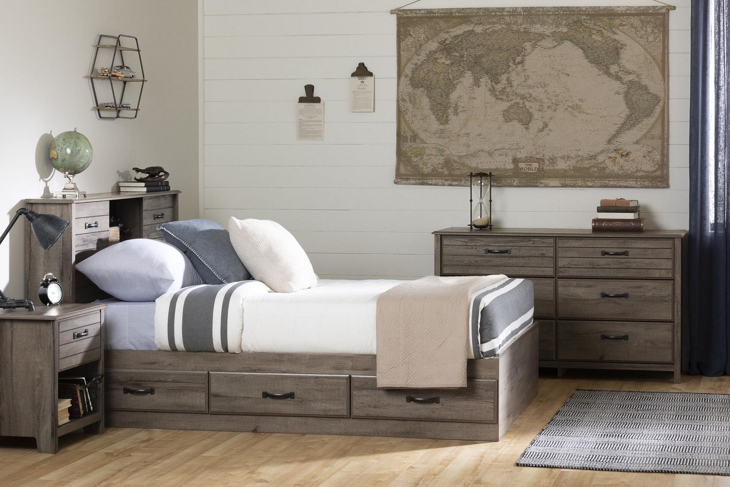South Shore Ulysses Full Mates Platform Storage Bed with 3 Drawers, in Fall Oak