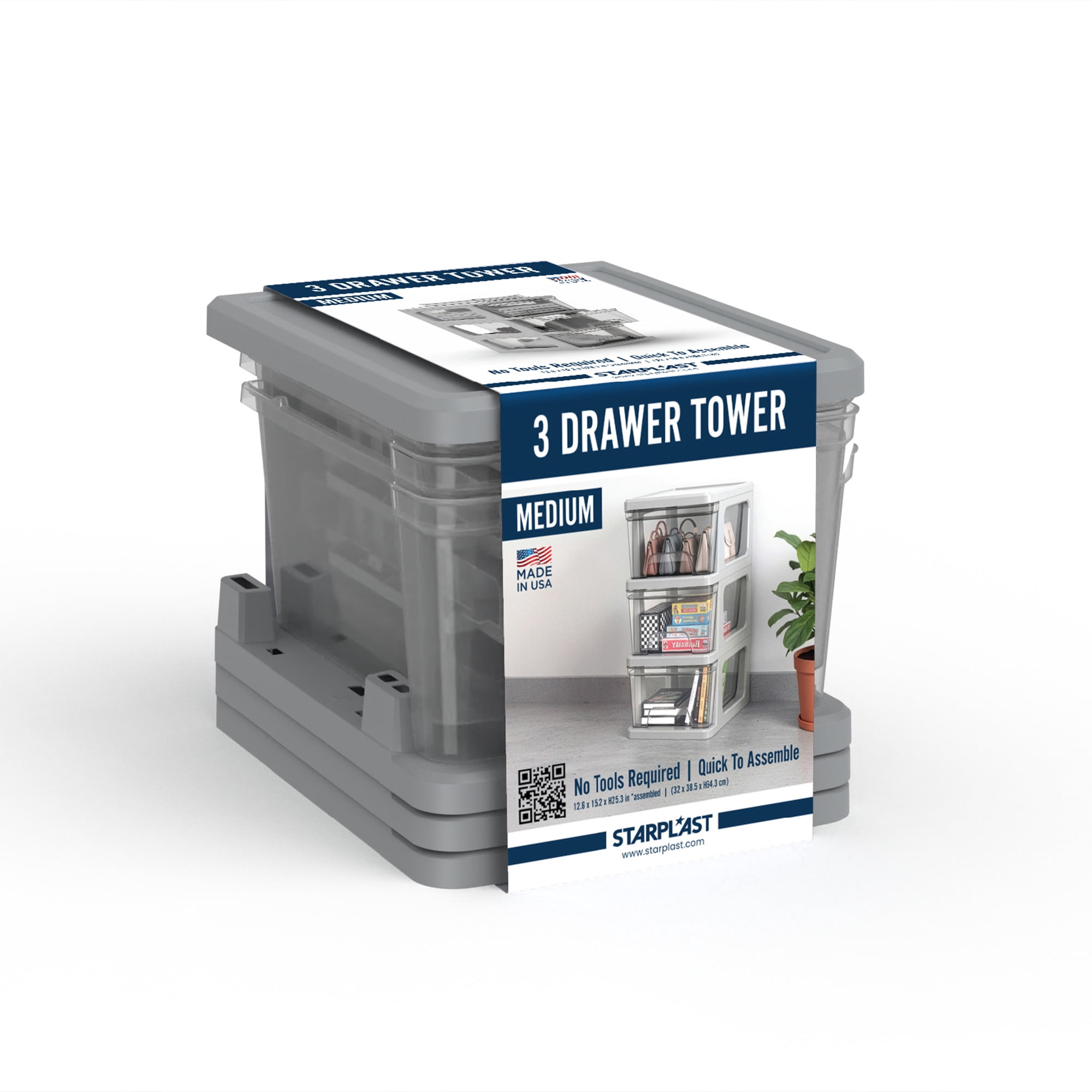 Starplast 3-Drawer Organization Tower Medium Storage Cart, Silver Plastic