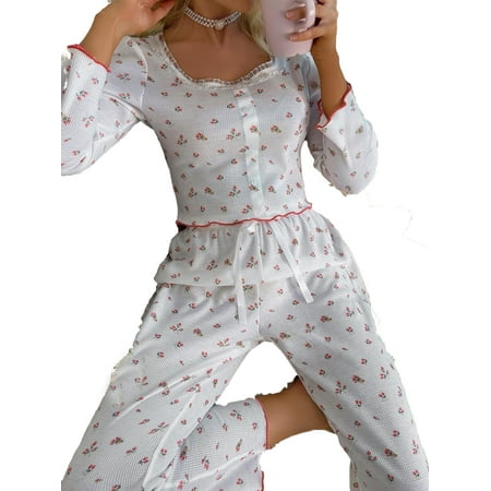 

2pcs Set Cute Ditsy Floral Square Neck PJ Pant Sets Long Sleeve Red Women s Pajama Sets (Women s)