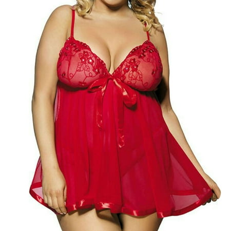 

OVTICZA Women s Teddy Nightgown See Through Sleepwear Lace Sexy Bow Chemise Babydoll 5XL Red