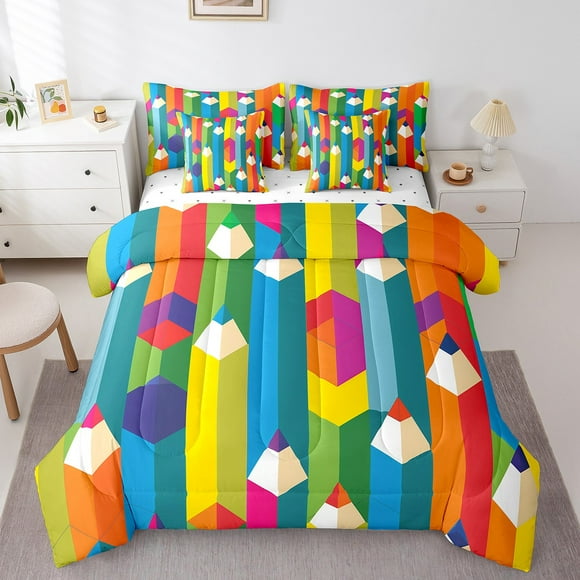 YST, Crayon, Comforter Set, 7-Piece, Twin, Twin, Rainbow, Watercolor Aesthetic, School Supplies