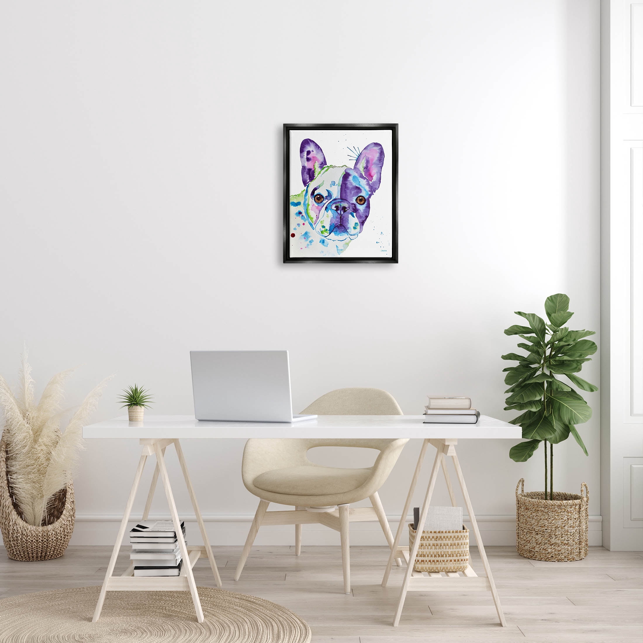 French Bulldog Modern Face Portrait Animals & Insects Graphic Art Jet Black Framed Art Print Wall Art