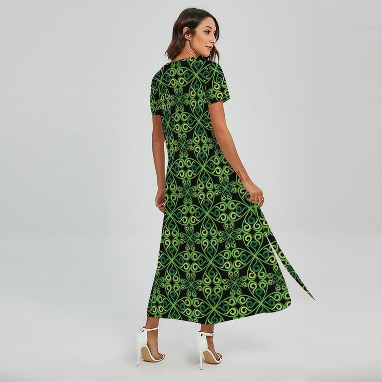 NOBRAND Irish Celtic Symbol Pattern Printed Short Sleeve Maxi Dress, Irish St. Patrick's Day Fashion Summer Maxi Dress for Women, Women's, Size: