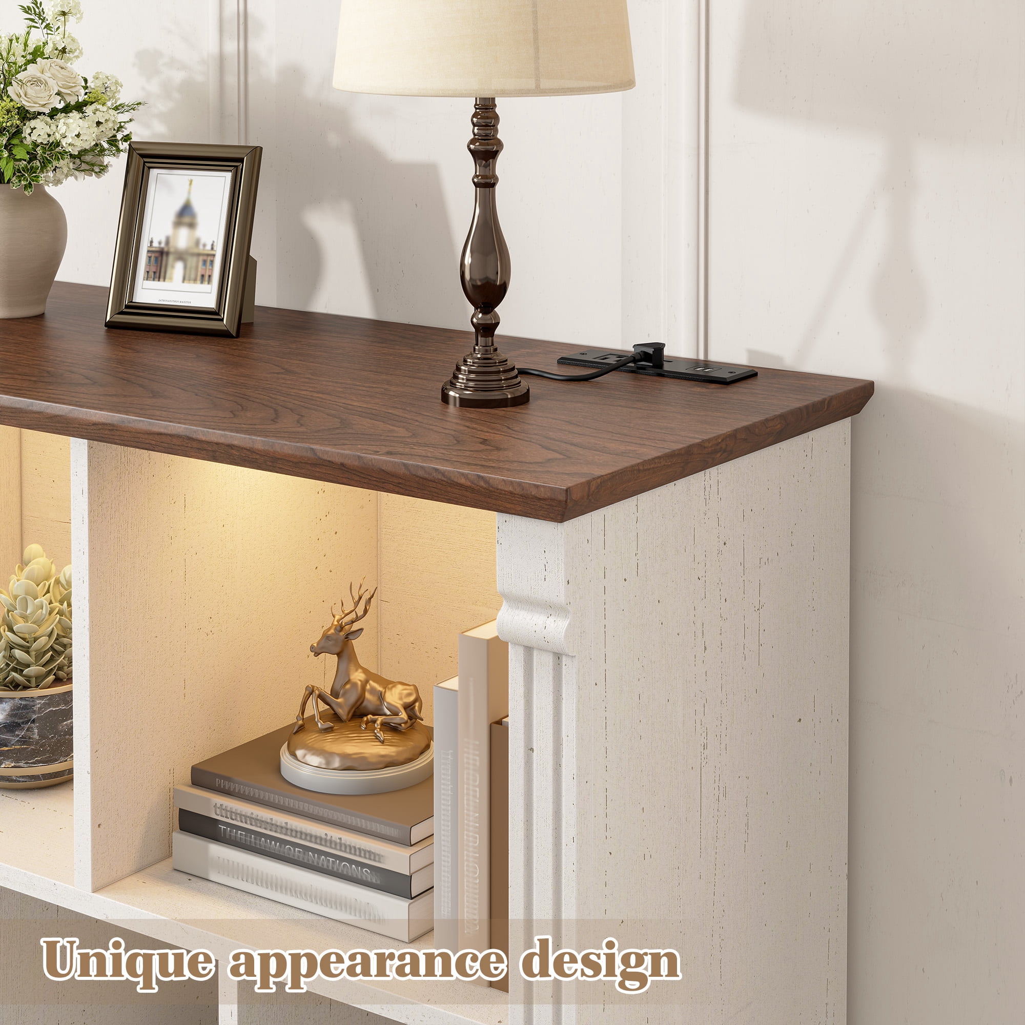 EnHomee 7 Cube Storage Organizer with LED Light and Charging Station,Wood Bookshelf for Living Room, Bedroom, Office，White