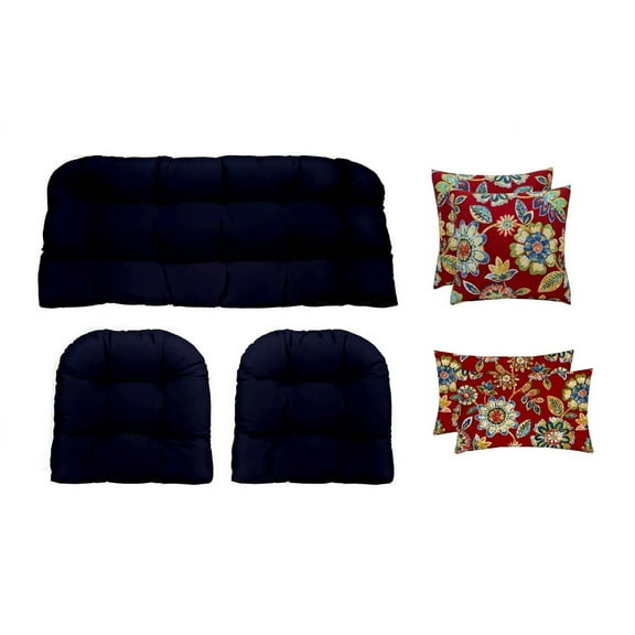 RSH Décor Indoor Outdoor 7 Piece Tufted Wicker Cushion Set Pillows, Standard, Navy Blue Daelyn Cherry