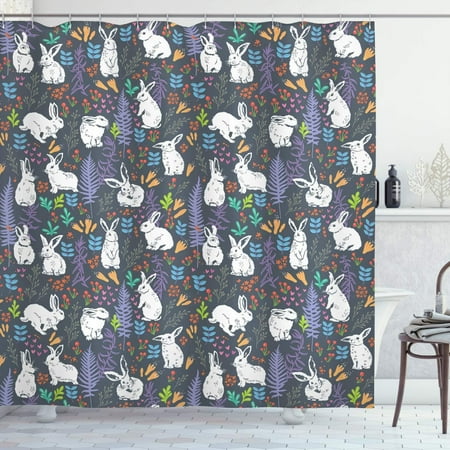

Omsix Rabbit Shower Curtain White Bunnies Among Leaves Branches Flowers and Carrots Pastel Color Illustration Cloth Fabric Bathroom Decor Set with 69 W x 70 L Bluegrey