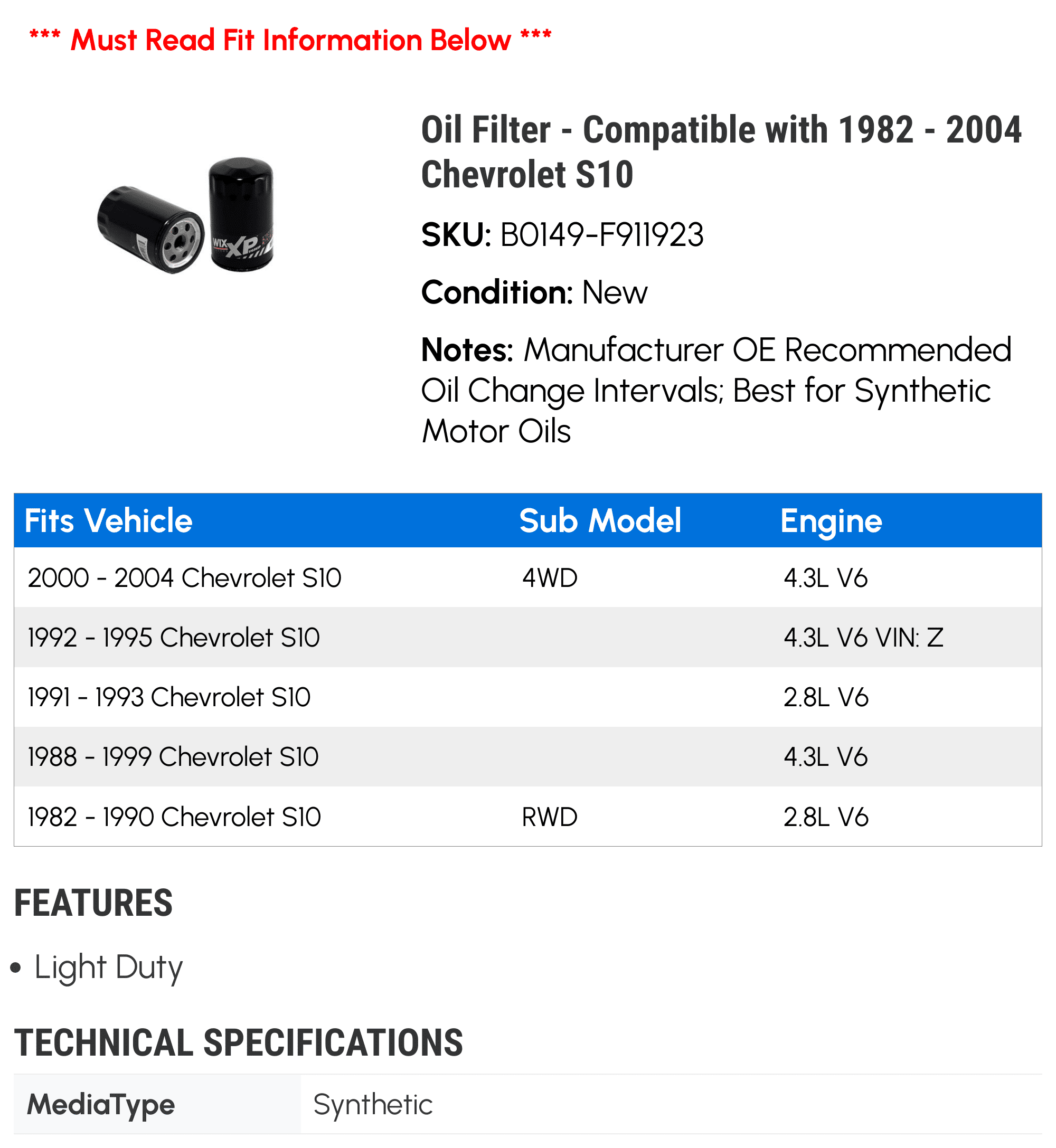 Oil Filter - Compatible with 1982 - 2004 Chevy S10 1983 1984 1985 1986 1987 1988 1989 1990 1991 1992 1993 1994 1995 1996 1997 1998 1999 2000 2001 2002 2003