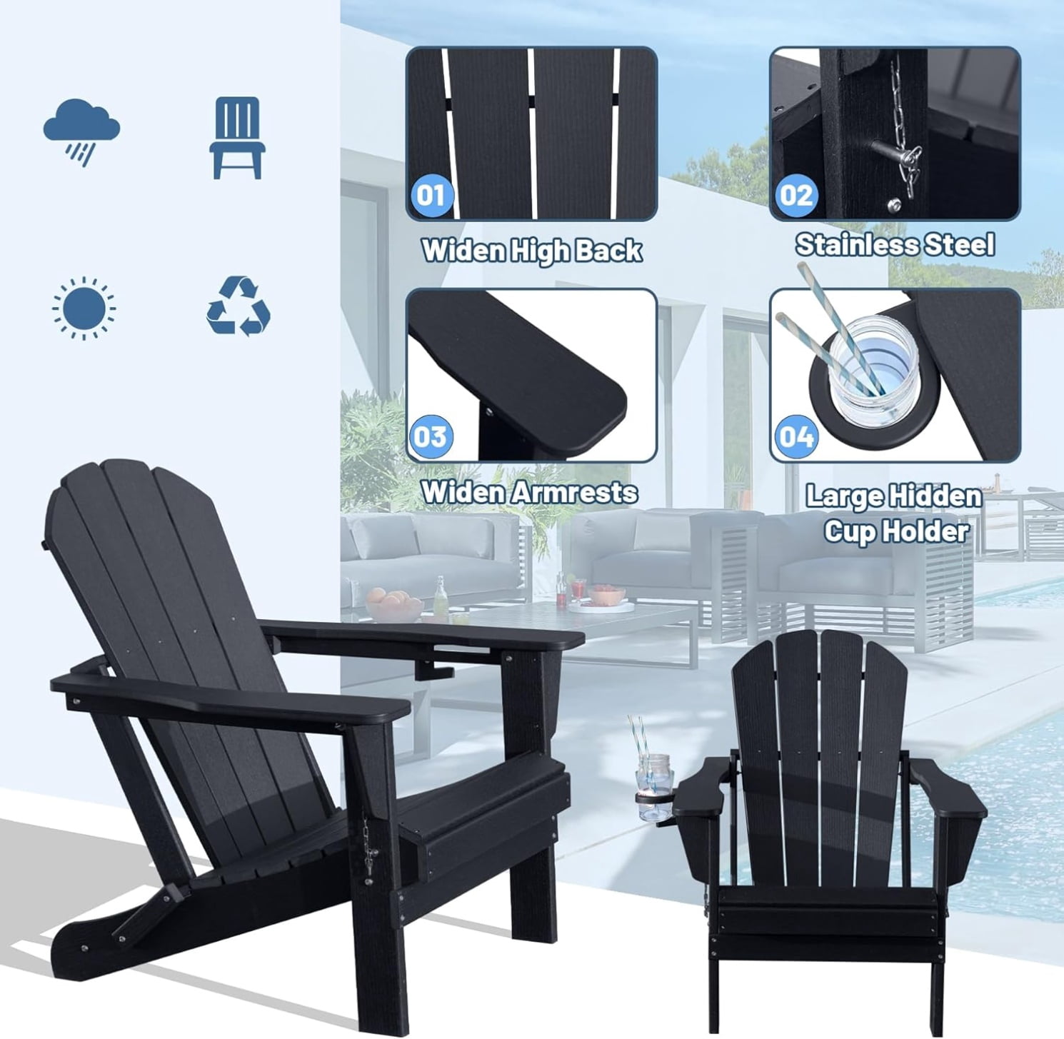 Folding Adirondack Chair, All-Weather HDPE Lawn Chair with Cup Holder, Comfortable Outdoor Patio Chair for Deck, Porch, Backyard, Garden, Black