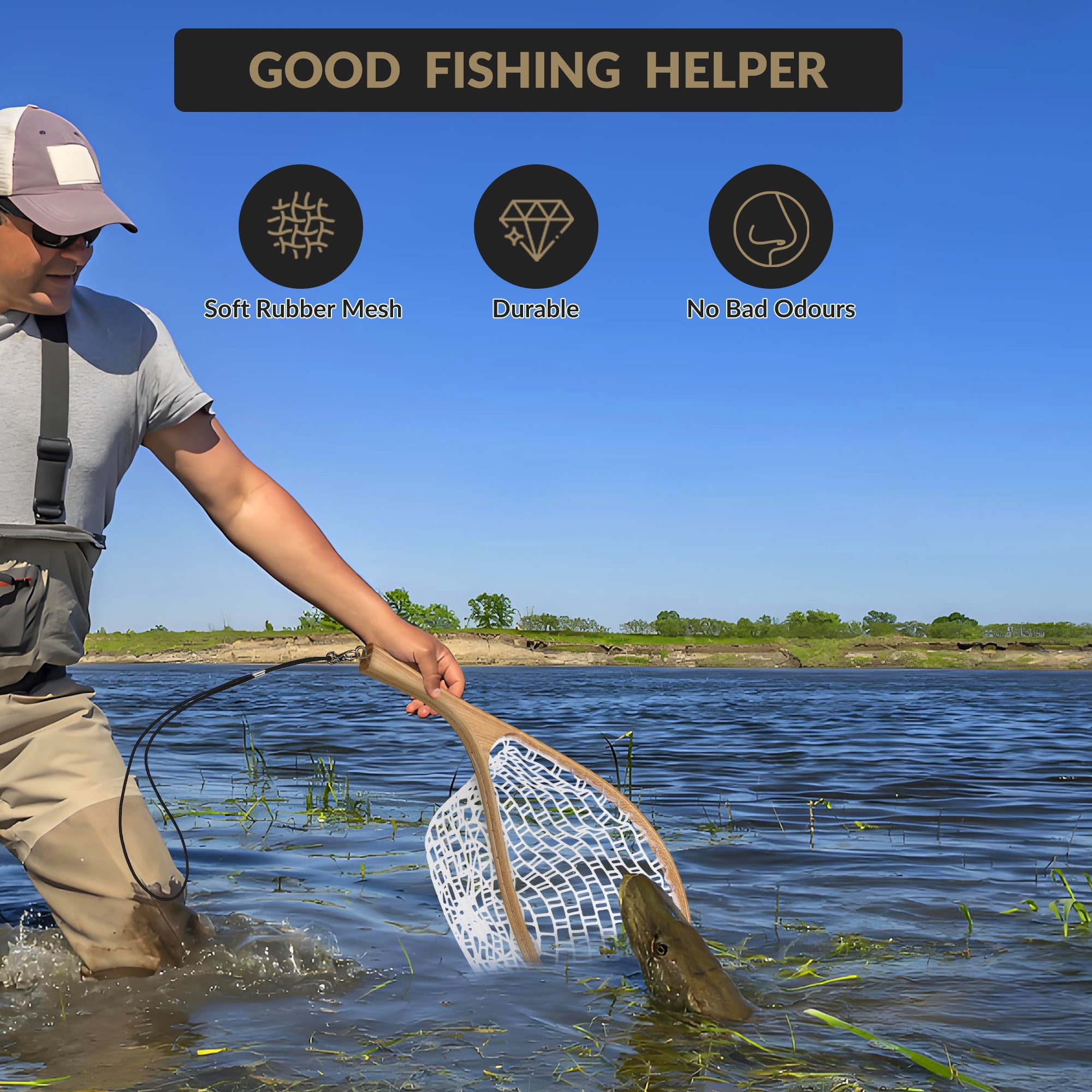 Fly Fishing Net Trout Net, Wooden Frame Landing Net with Soft Rubber Mesh for Catch and Release (Clear Small Holes)
