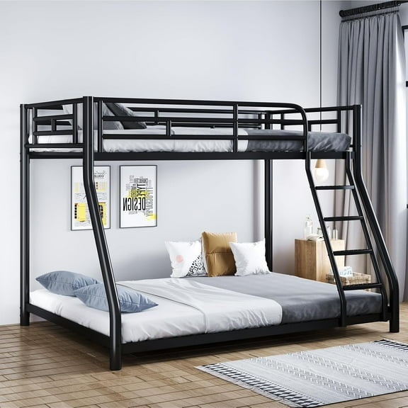 Metal Bunk Bed, Full Size Bed Frame for Adults, Twin Over Full Bunk Bed with Safety Guardrail and Ladder, Trundle Bed Twin (Black, Full)