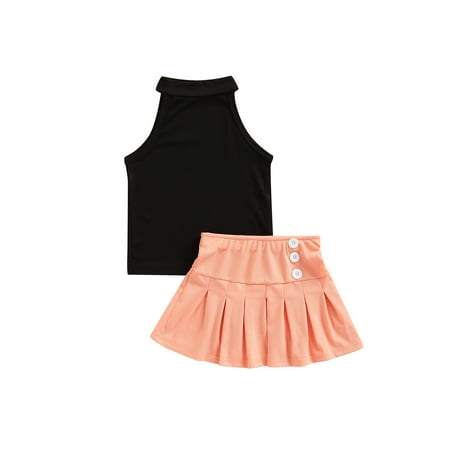 

CenturyX Toddler Baby Girl 2pcs Clothing Set Casual Summer Sleeveless Tank Tops Mini Button Pleated Skirt Infant Knitted Outfits Black 12-18 Months