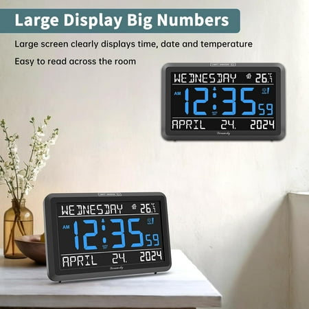 Large Digital Clock with Date, Day, Temperature, Battery Backup & USB Port - Easy to Read Alarm Clock for Seniors