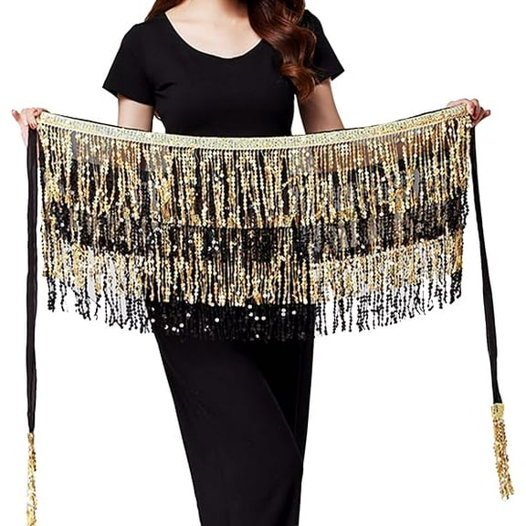 Zhuge Women's Sequin Tassel Belly Dance Skirt, Glitter Sparkly Fringe Hip Scarf Skirt, Black Golden