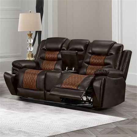 Pemberly Row Leather Console Loveseat with Power Footrest in Brown
