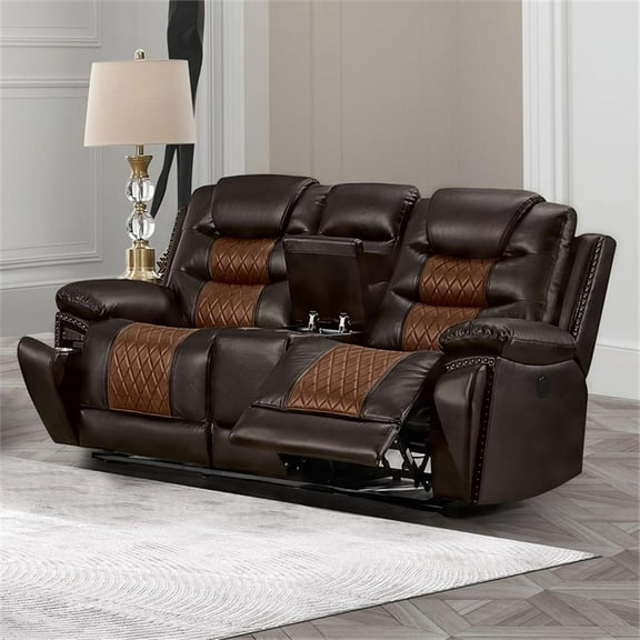 Pemberly Row Leather Console Loveseat with Power Footrest in Brown
