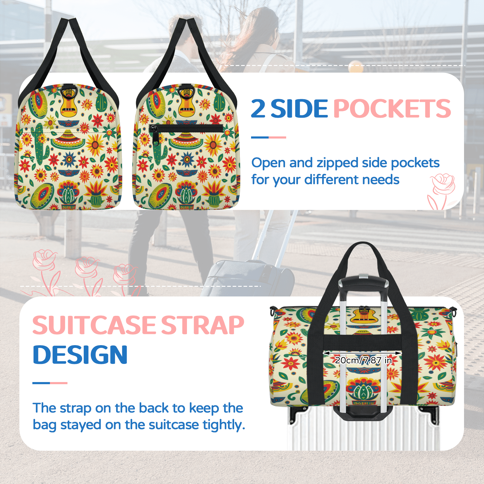Herdesigns Funny Mexico Theme Gym Bag for Women, Duffle Bag for Travel Sport, Lightweight Waterproof Carry on Weekender Overnight Dance Yoga Workout Bags