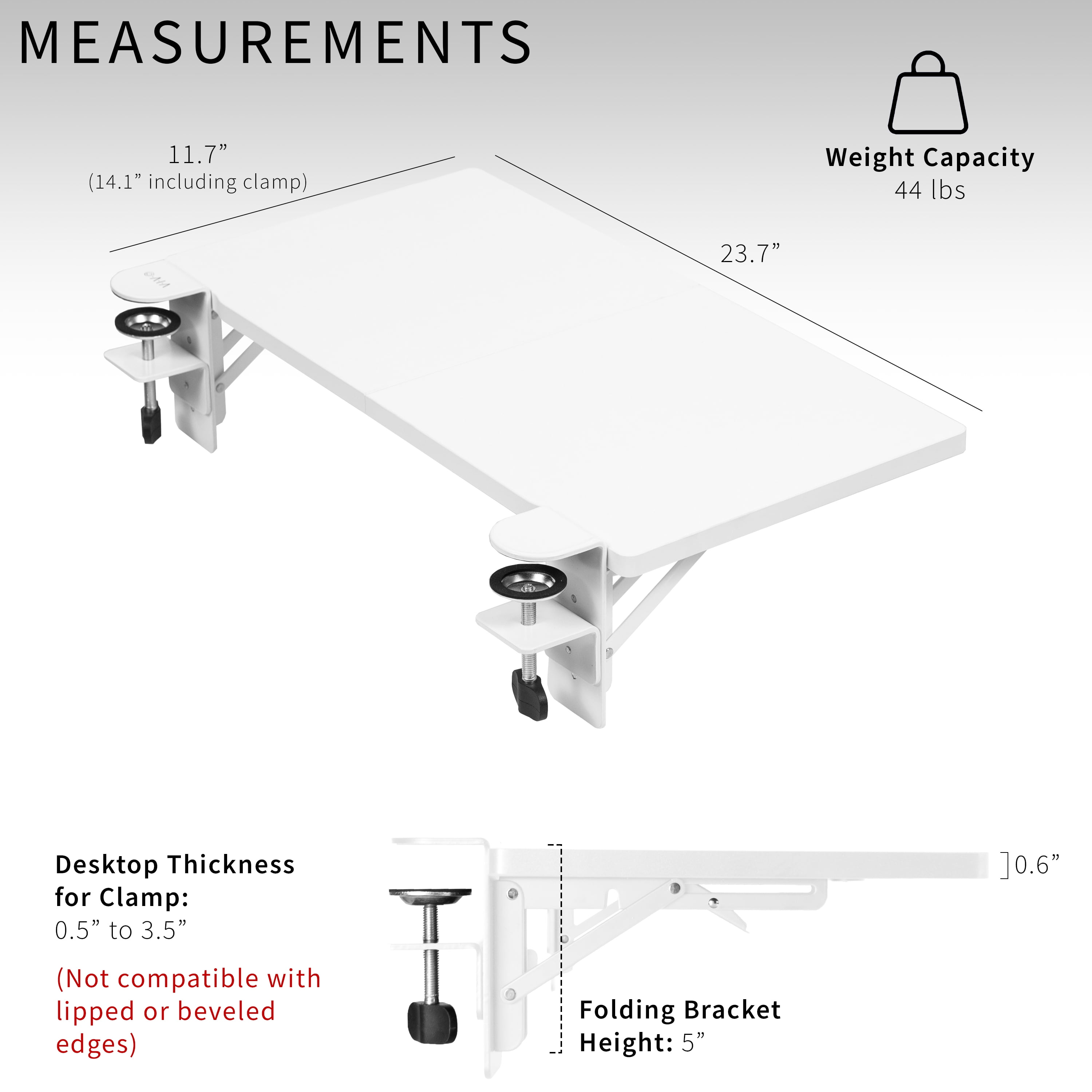 VIVO White Clamp-on 24" x 12" Desk Extension, Accessory Platform, Keyboard Tray