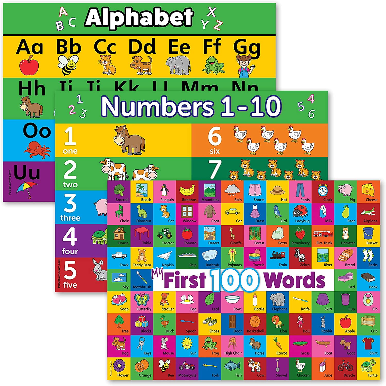 2 Pack Laminated, 18... ABC Alphabet & First 100 Words Educational Poster Set 