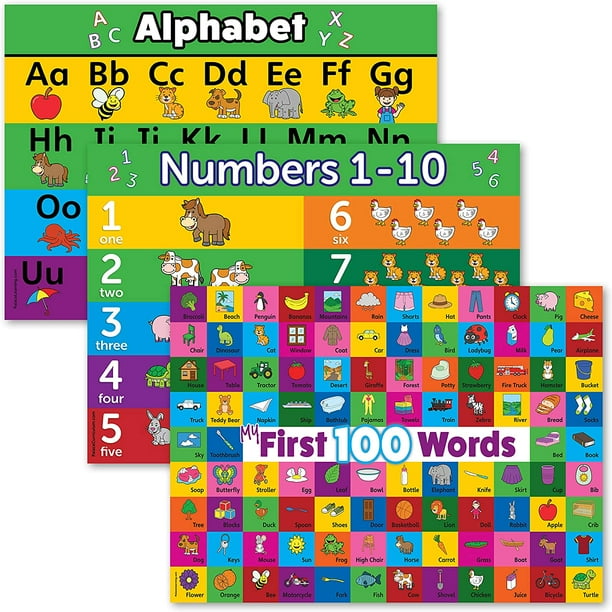 3 Pack Abc Alphabet Numbers 1 10 First 100 Words Poster Set Toddler Educational Charts Laminated 18 X 24 Walmart Com Walmart Com
