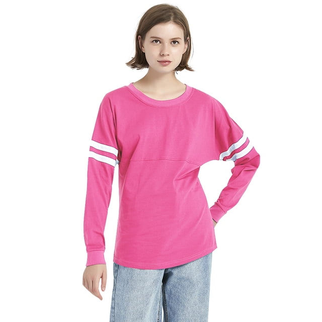 TOPTIE Chandail à Col Rond pour Femmes avec Pompons, Jersey Jeunesse à Manches Longues, T-Shirt de Jour de Match, Vierge - Fuchsia Blanc - TP