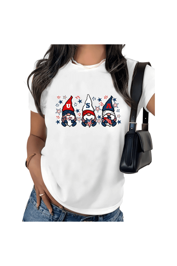 Women's Patriotic USA Gnome Graphic Short Sleeve T-Shirt Cute Cotton Crewneck Casual Comfortable Fit Tops