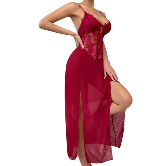 Hifoo Women's Solid Color Sleepwear Fashion Mesh Maxi Nightdress Pajamas Side Slits Trendy Casual Home O-Neck Loungewear
