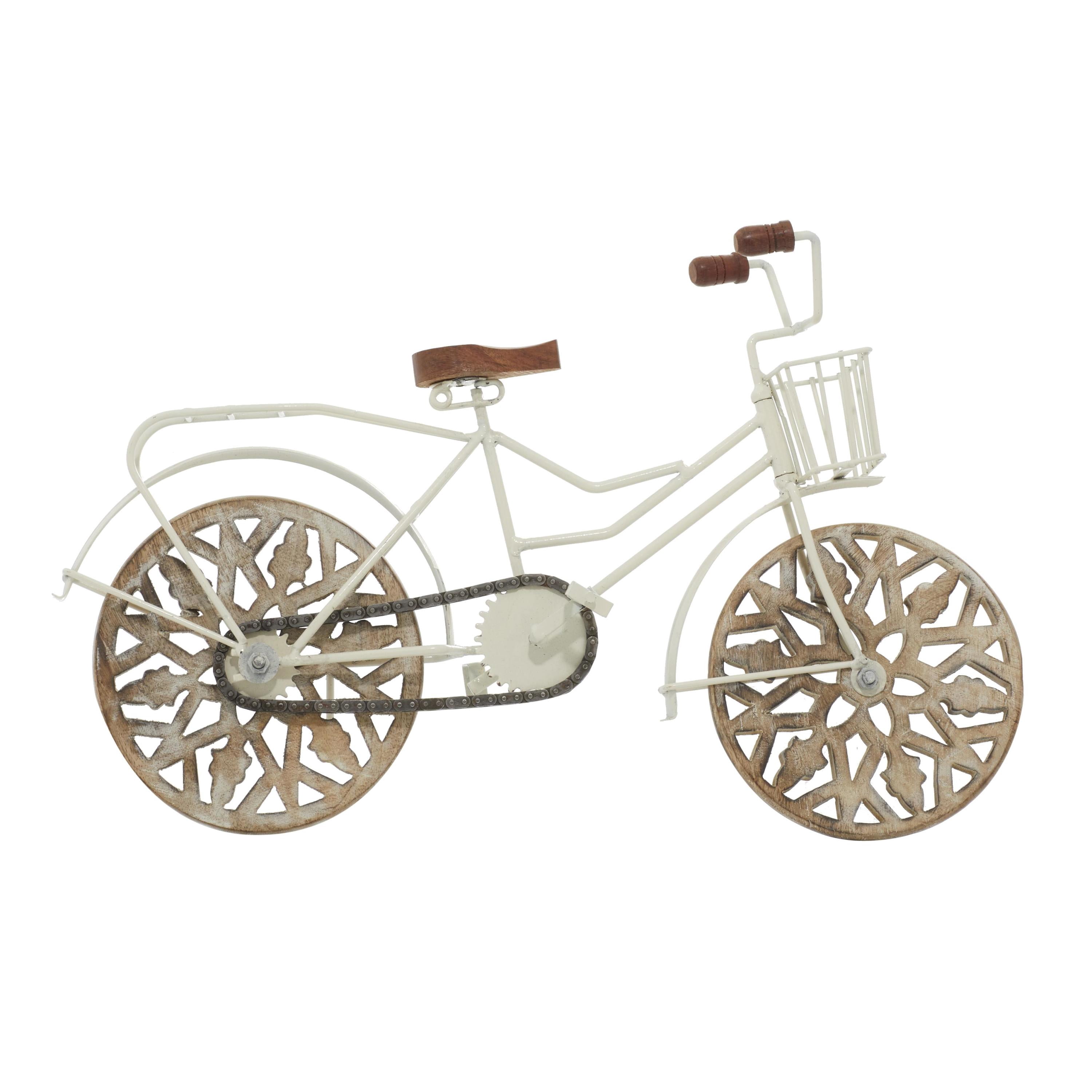 19" x 12" White Metal Bike Sculpture with Carved Wood Wheels, by DecMode