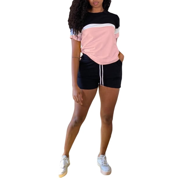 Conjunto de ropa de mujer Lucakuins, camisetas de manga corta de Color contrastante y pantalones cortos para correr, ropa deportiva de Yoga, chándales de verano Lucakuins moda