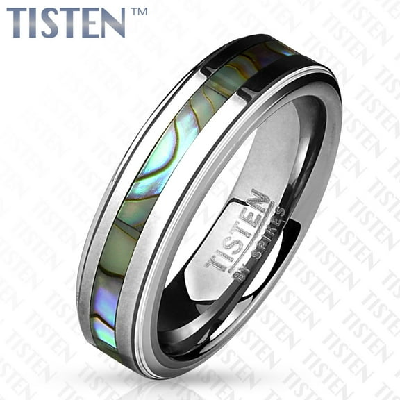 6mm Centered Abalone Inlay with Step Edges Tisten (Tungsten Titanium) Ring (SIZE: 9)