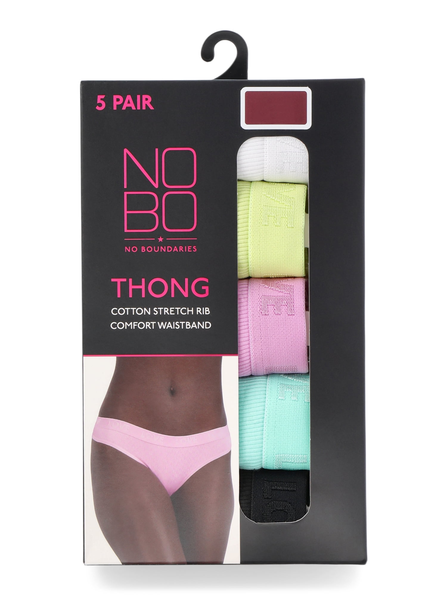 No Boundaries Women's Stretch Ribbed Thong, Underwear 5 Pack, XS-XXXL