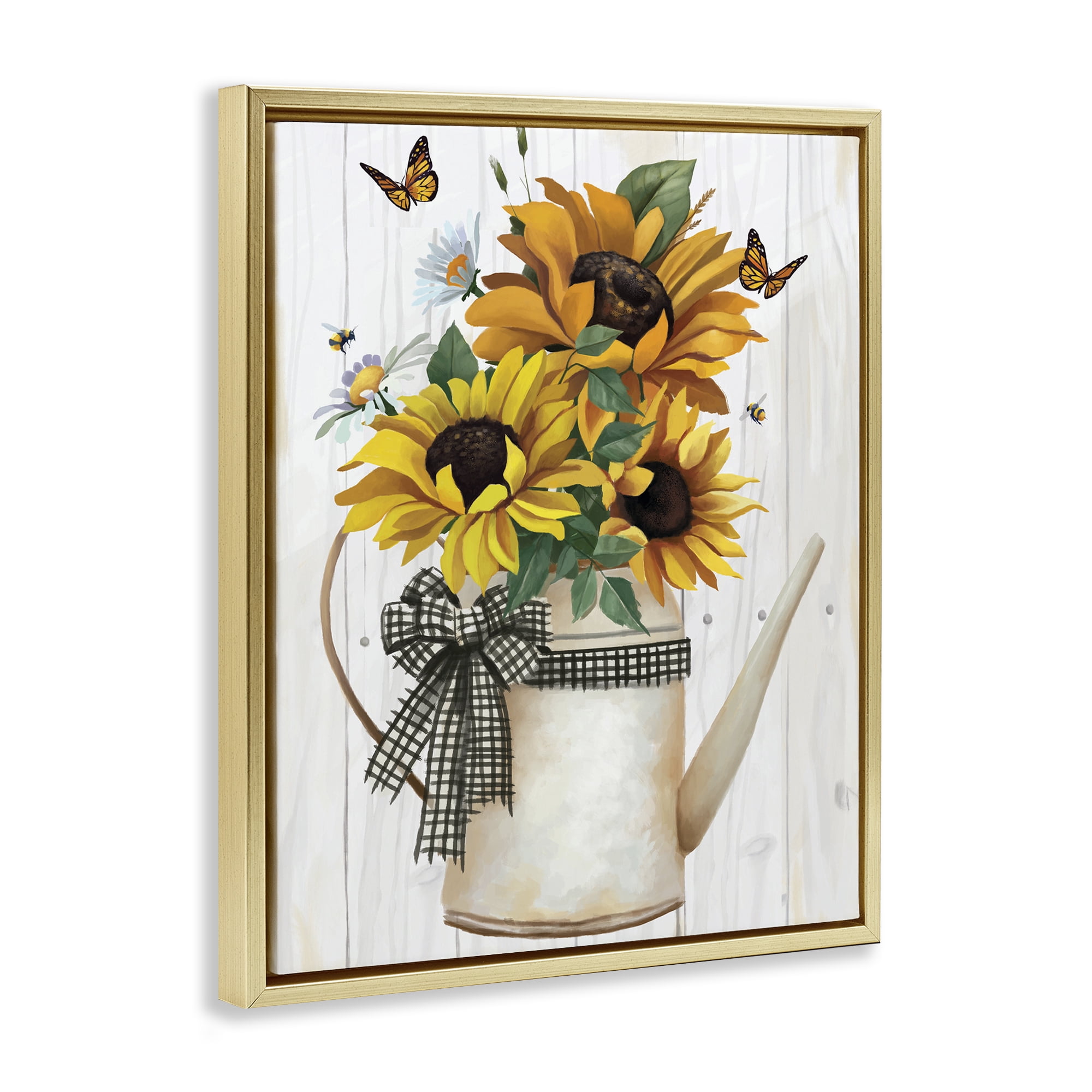 Stupell Industries Sunflower Trio in Watering Can Gold Framed Floater Canvas Wall Art, design by Lucca Sheppard