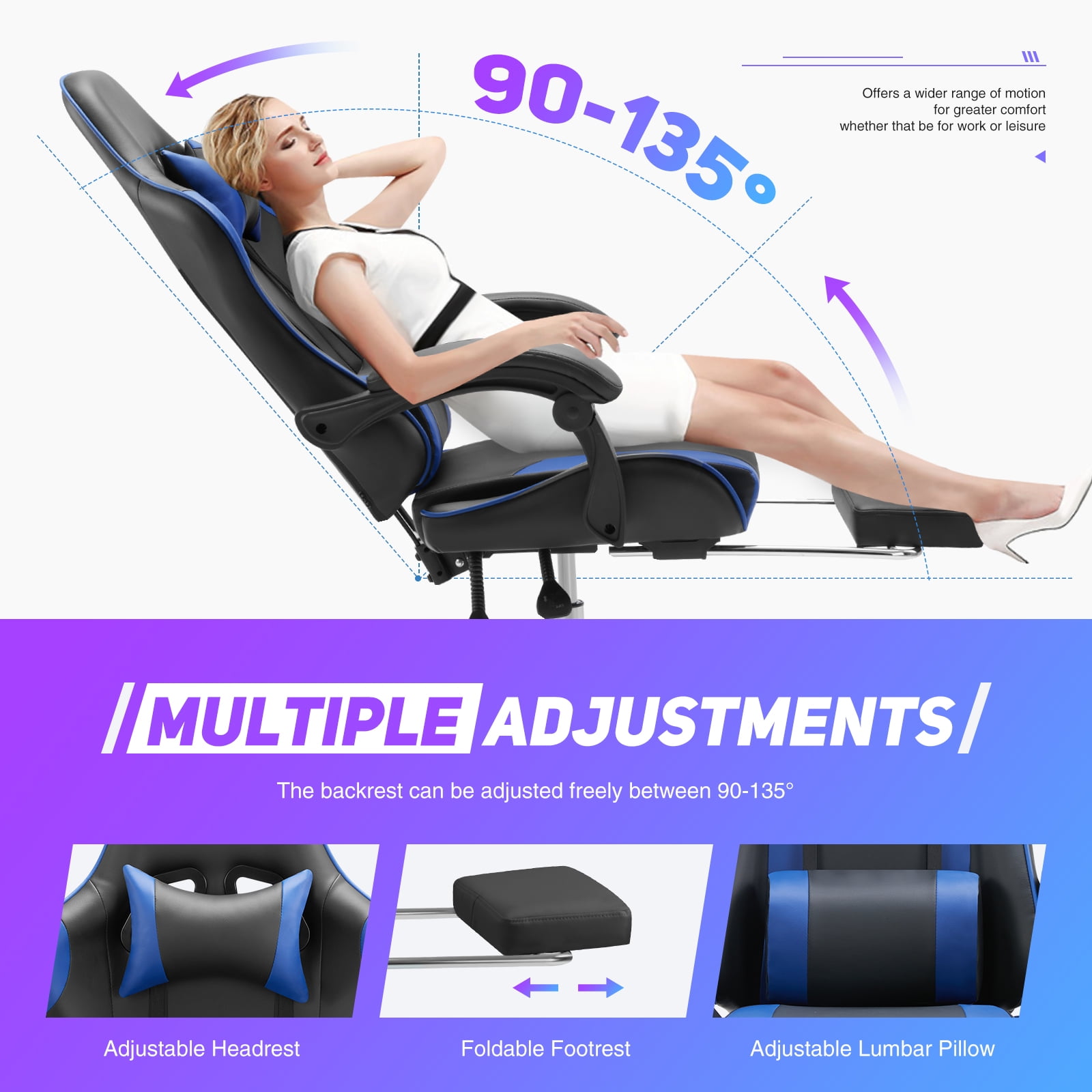 JIOABL Ergonomic Gaming Chair With Headrest And Lumbar Pillow,Height Adjustable With 360°-Swivel Seat,Blue