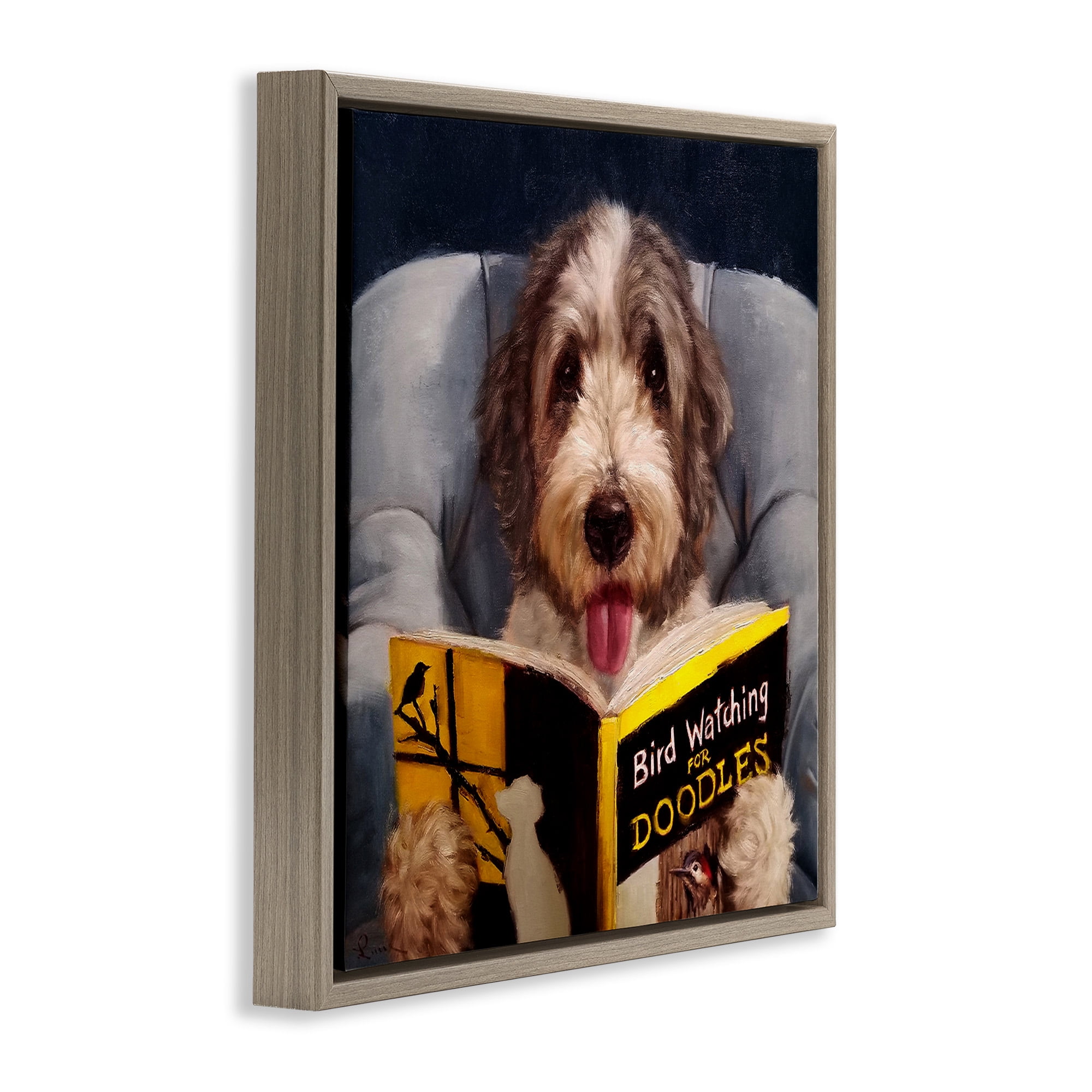 Stupell Industries Dog with Bird Watching Book Animals & Insects Painting Brown Floater Framed Canvas Art Print Wall Art, 25 x 25