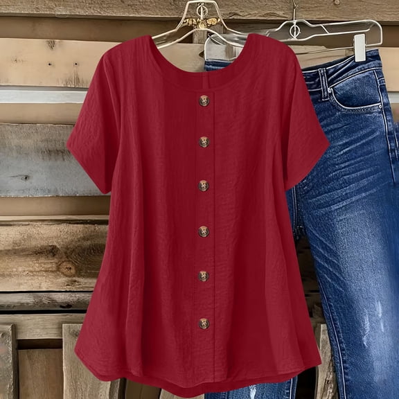 Roncen Womens Summer Tops Cap Short Sleeve Shirts Button Down Blouses Round Neck T Shirts Fashion Clothing