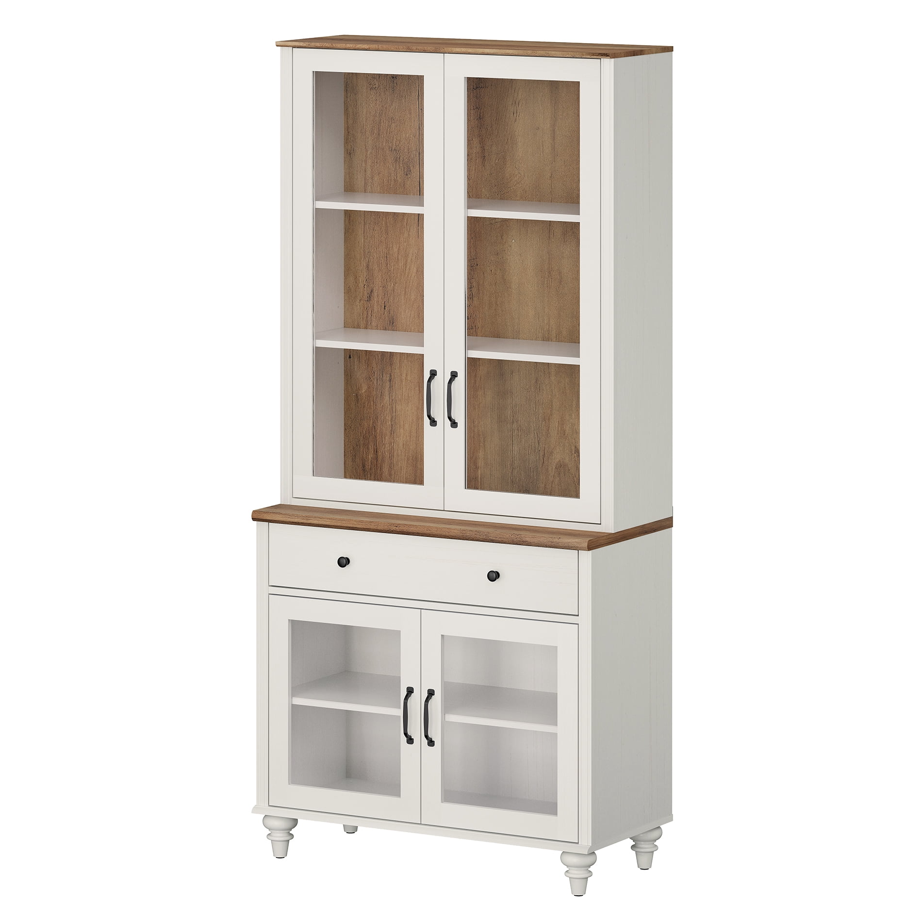 72.1"H × 33.9"W Farmhouse Wooden Bookcase with Glass Doors and Drawer, Large Storage Bookshelf for Living Room, Bedroom, Home Office & Kitchen, White