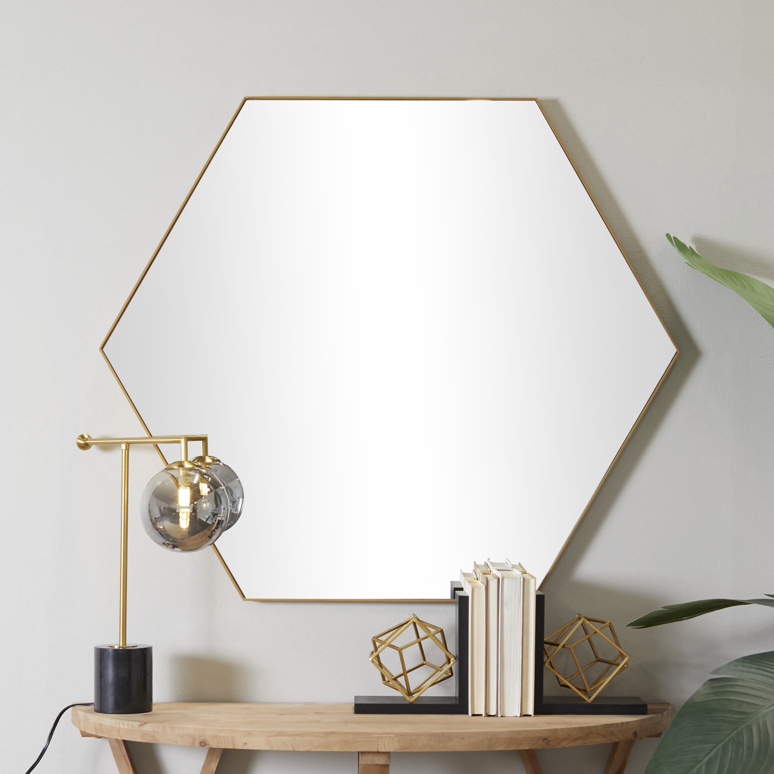 DecMode 40" x 35" Gold Hexagon Wall Mirror with Thin Minimalistic Frame