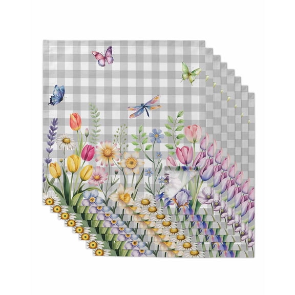 Wildflowers Cloth Napkins Set of 8 Reusable Dinner Napkins, Spring Watercolor Tulip Floral Leaf Grey Plaid Cocktail Napkin Washable Table Napkins for Wedding/Holiday Party/Baby Shower 20"x20"