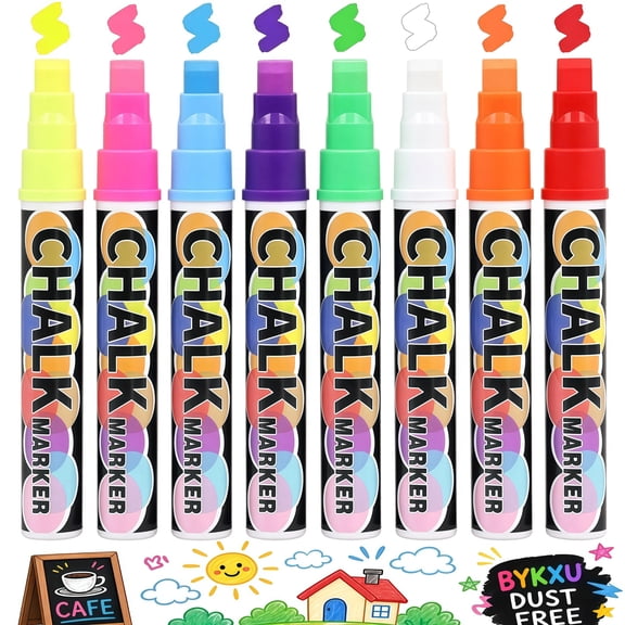 8 Colors Liquid Chalk Markers for Blackboard,Window Chalk Markers for Cars Glass Washable with 10mm 3 in 1 Nib Wide Tips,Big Chalkboard Markers Car Window Paint Pens for Auto,Mirror,Poster
