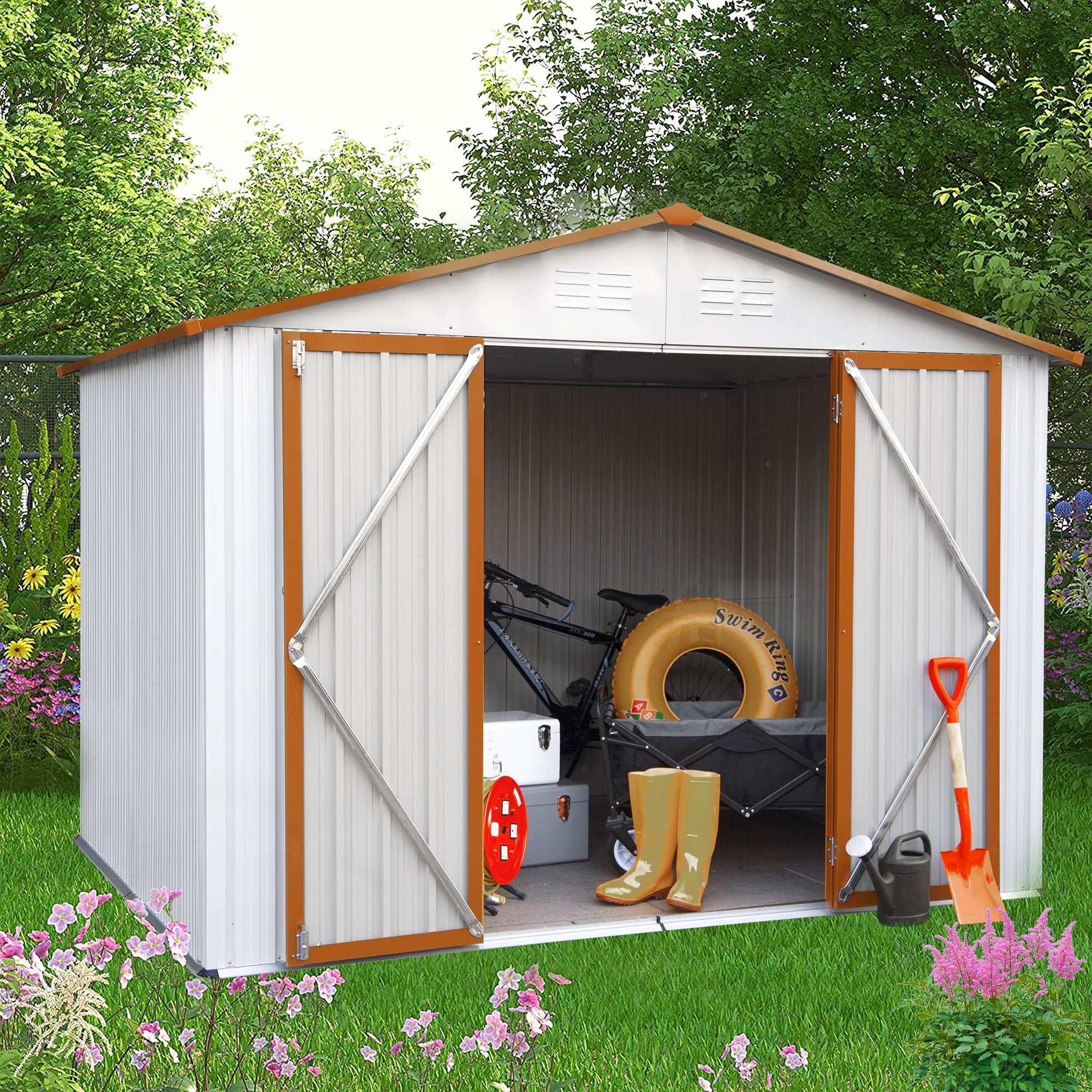 Steel Outdoor Storage Shed Garden Backyard Toolshed with Floor Foundation Frame 